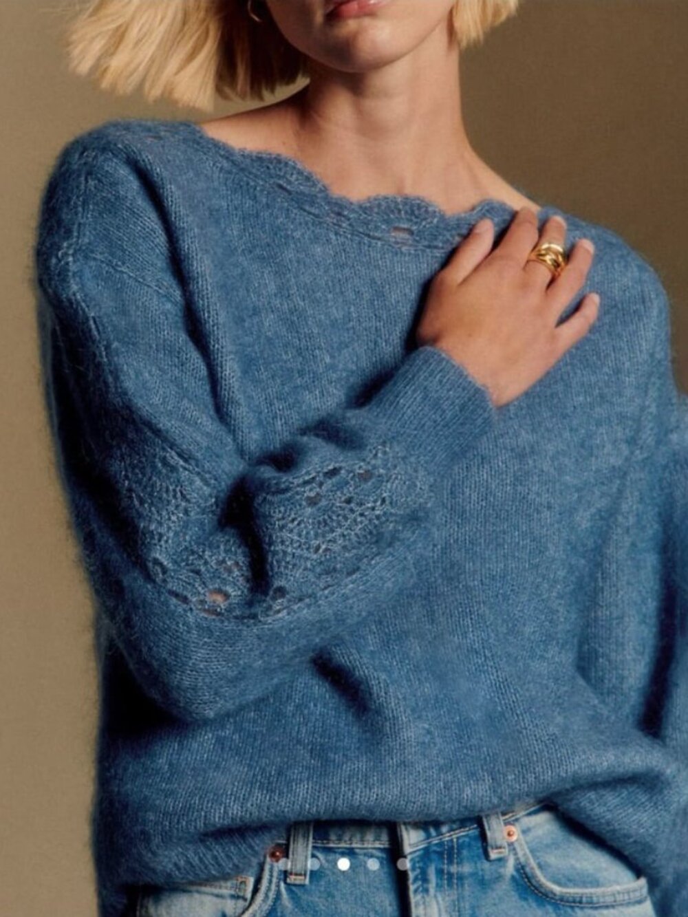 Like New Sezane Stacy Mohair Wool Crochet Detail Sweater Storm Blue Large